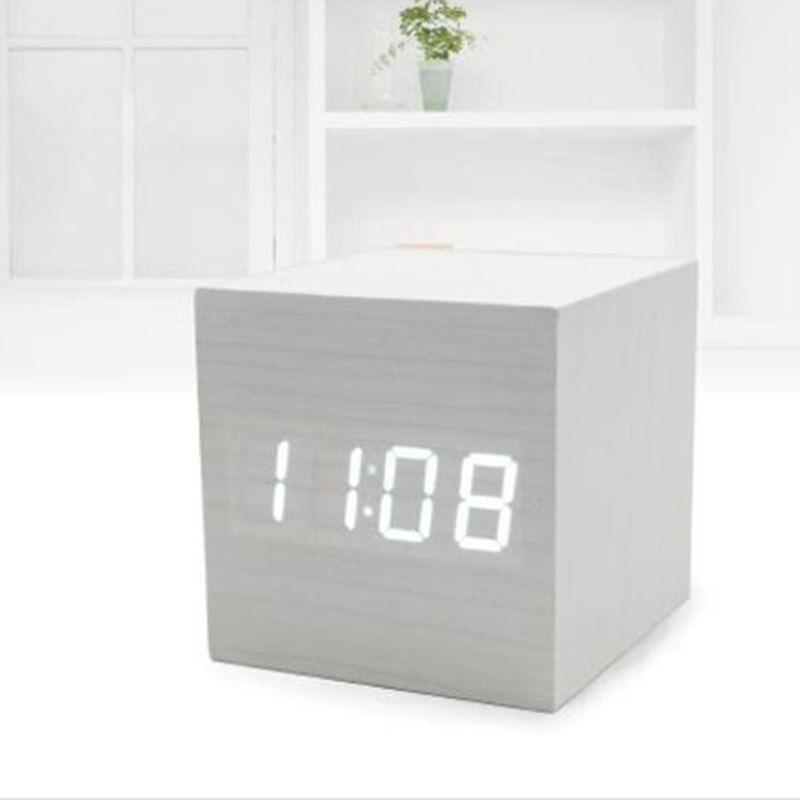 1Pc Digitale Led Houten Vierkante Bureau Wekker Voice Control Wekker Timer Woondecoratie