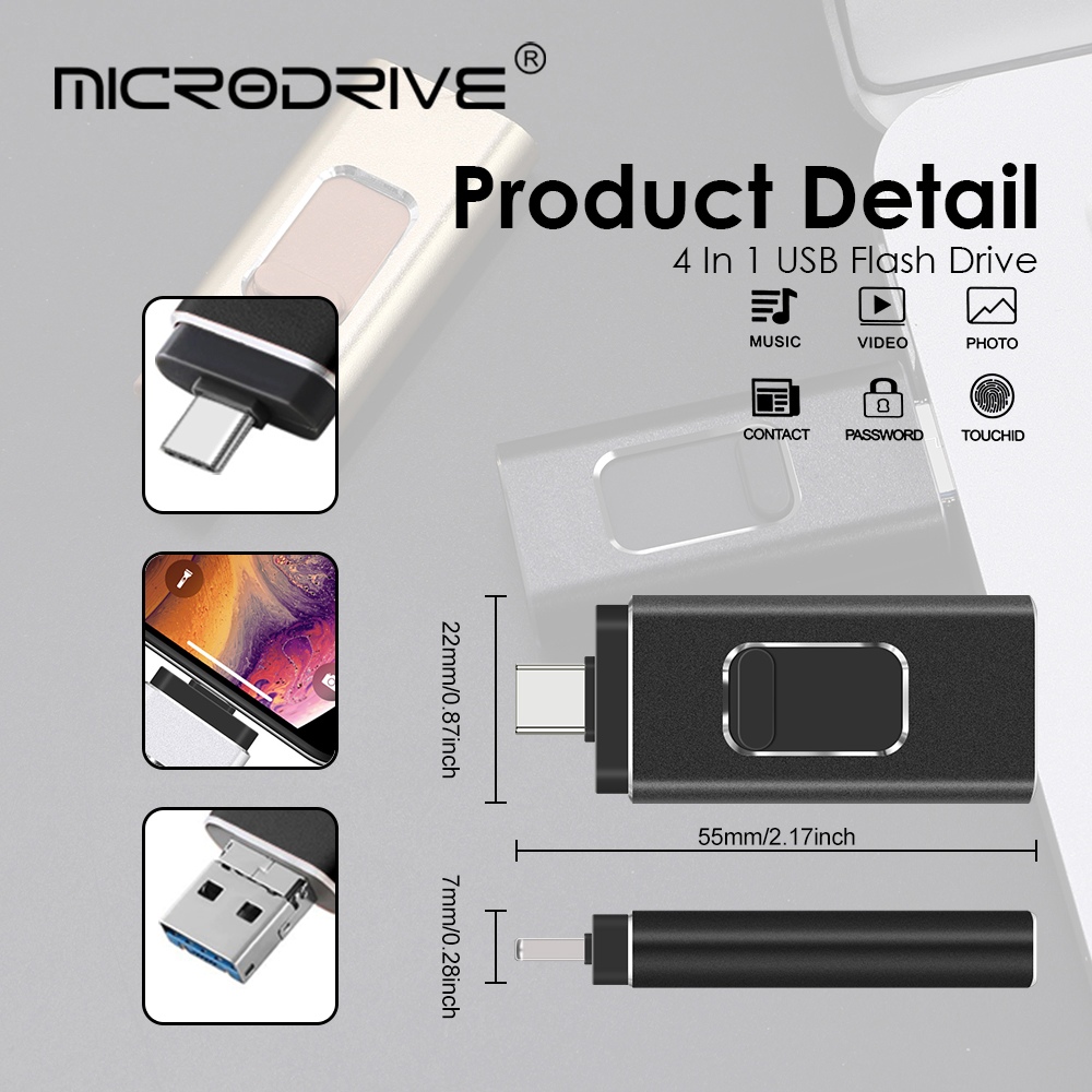 4 in 1 otg usb-c Blitz-laufwerk speicherstick stift für Blitz für iphone / typ c / Mikro-usb usb 3.0 pendrive 64gb / 128gb /256gb