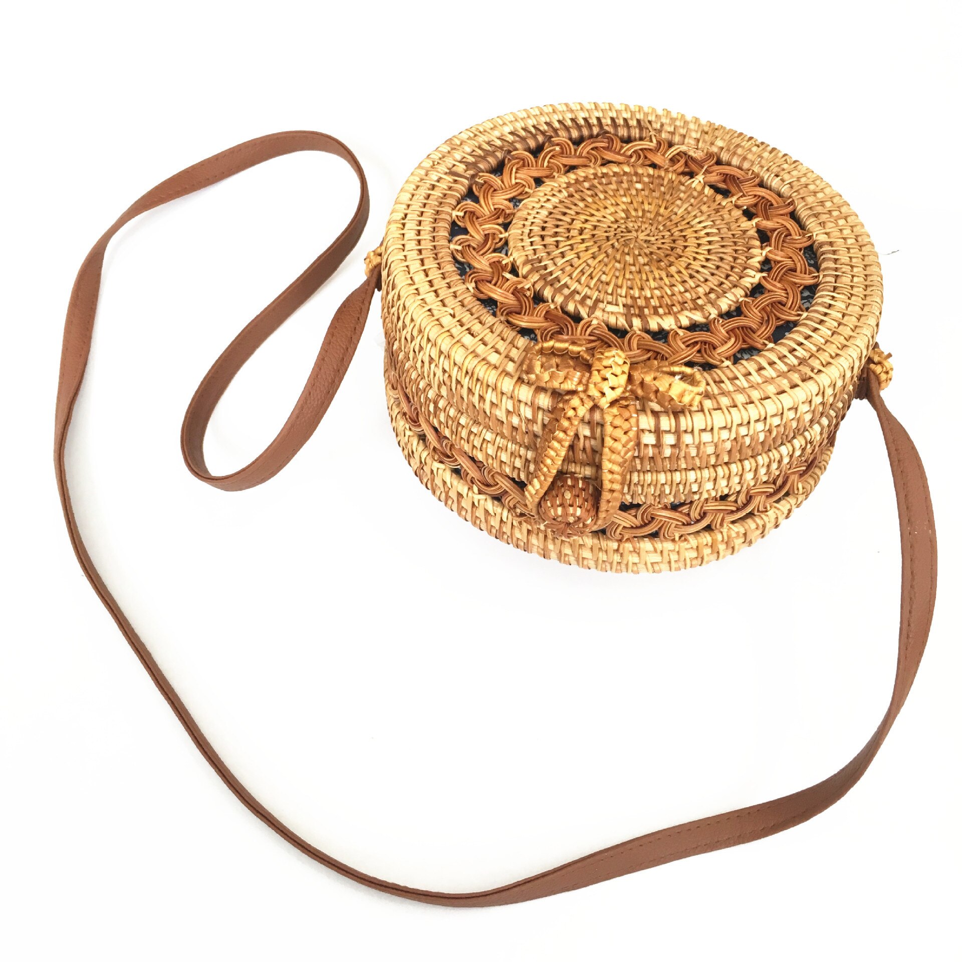 Round Straw Bags Women Summer Rattan Bag Handmade Woven Beach Crossbody Bag Circle Bohemia Handbag: Q 20X8cm