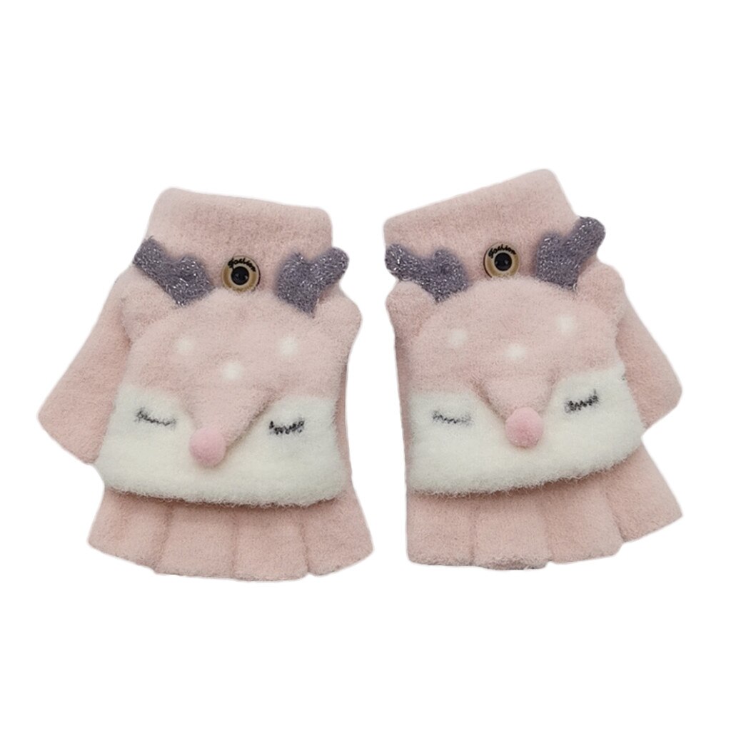 Christmas Kids Half Finger Antler Gloves Baby Boy Girl Warm Convertible Flip Top Gloves Cute warm baby gloves Guantes de: Pink A