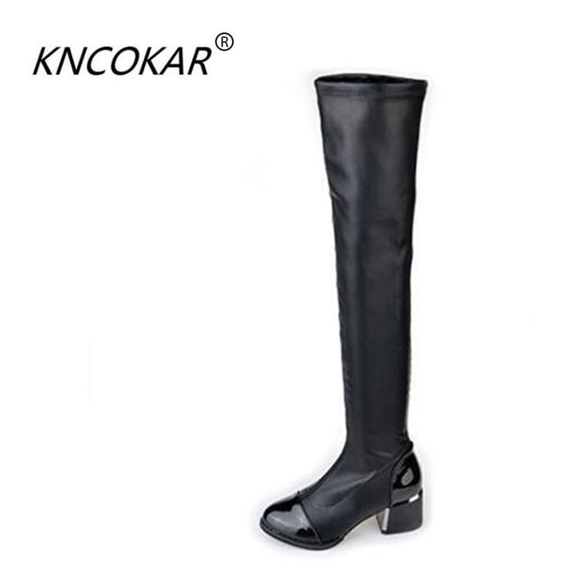 PU Leather Over Knee Boots Women Sequined Toe Elastic Stretch Thick Heel Thigh High Riding Boots Big Size 40