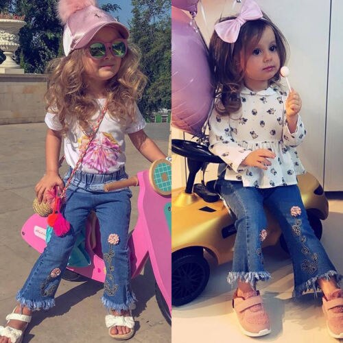 Pantalón vaquero de flores para chica, pantalón vaquero de flores en 3D con cintura elástica, para primavera y otoño