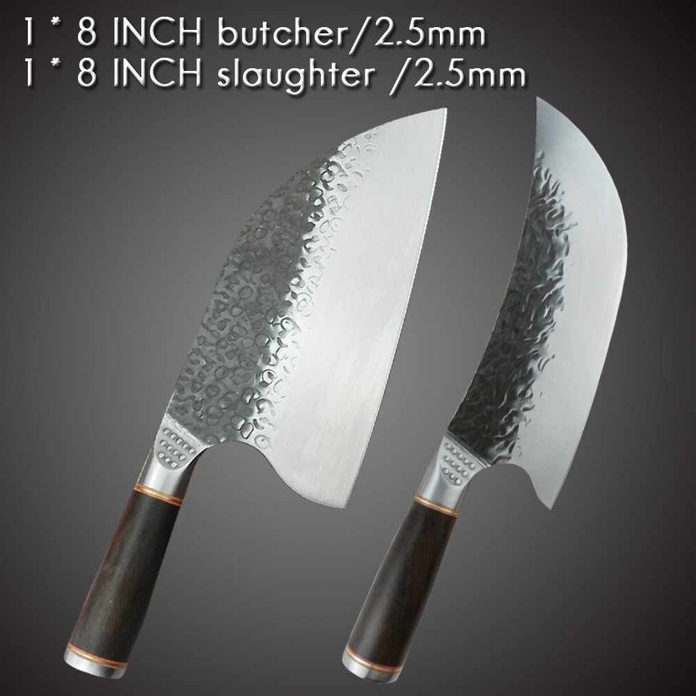 Handmade Forged Cleaver Butcher Knife 8 INCH Slaughter Chopping Cutting Bone Stainless Steel 5CR15 Knife Camping Hiking Tool: 2PCS SET-D