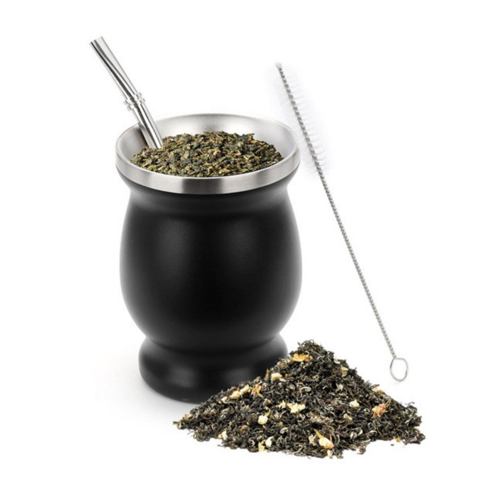 1 Set 230ML Bombilla Set Yerba Mate Gourd Stainless Steel Tea Cup with One Spoon and Brush Heat Insulation Anti Scalding: B