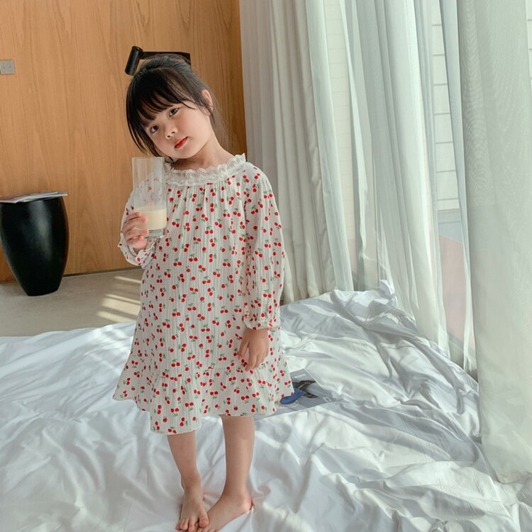 Robe de nuit Lolita pour enfants, imprimé cerise, chemises de nuit princesse à volants, vêtements de nuit pour tout-petits