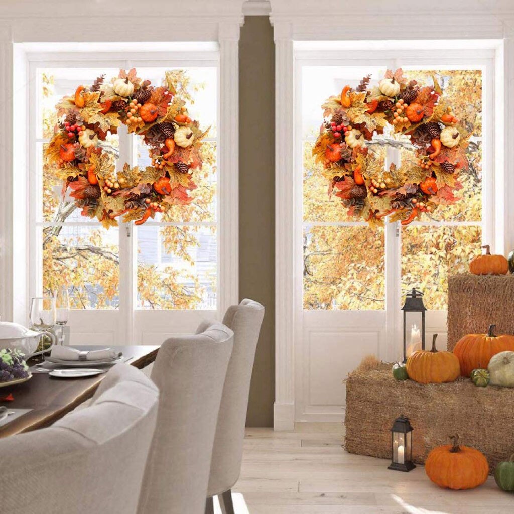 Herfst Maple Leaf Krans Pompoen Krans Oogstfeest Deur Opknoping Krans Voor Halloween Thanksgiving Decoratie Q40