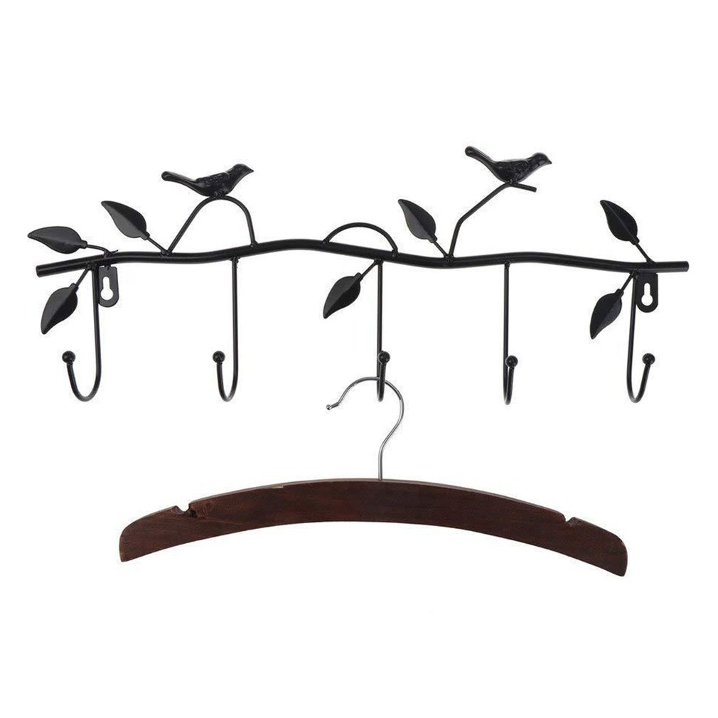 Retro 5 Hook Wrought Iron Bird Hook Hook Bird Shape Leaf Wall Dress Robe Hook Key Coat Holder Cap Hanger