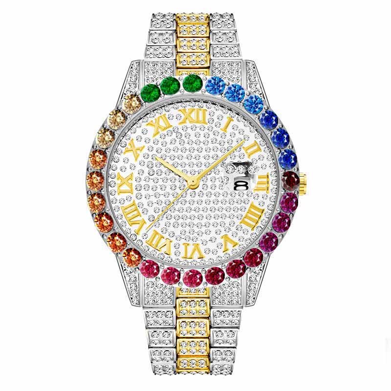 Reloj de oro arcoíris diamante para hombre, de lujo, oro de 18K, hecho a mano, de cuarzo y cristal de hielo: D1