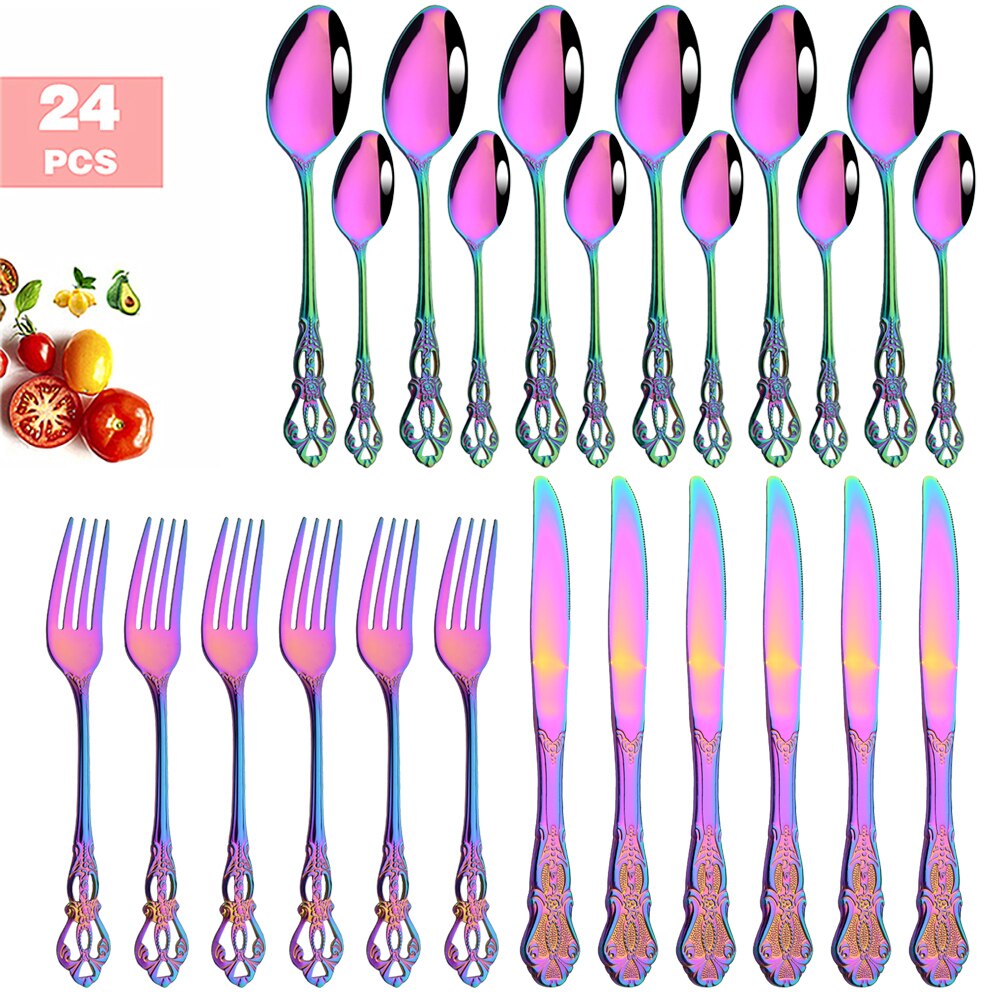 6-24pcs Luxury Wedding Silverware set Silver Dinnerware Knife Fork Tea Spoon Retro Kitchen Flatware Tableware Cutlery Rack Set: 24Pcs Rainbow