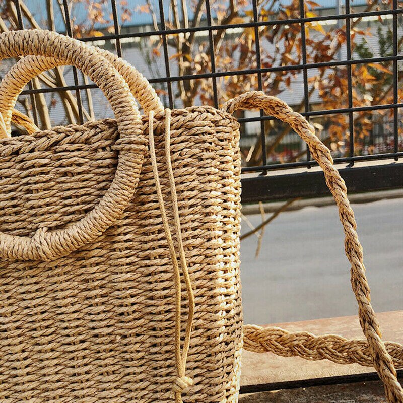 Kvinder halm sommer strand tote taske damer afslappet flettet rattan tasker vævede tasker rattan kurv skuldertaske rund håndtaske