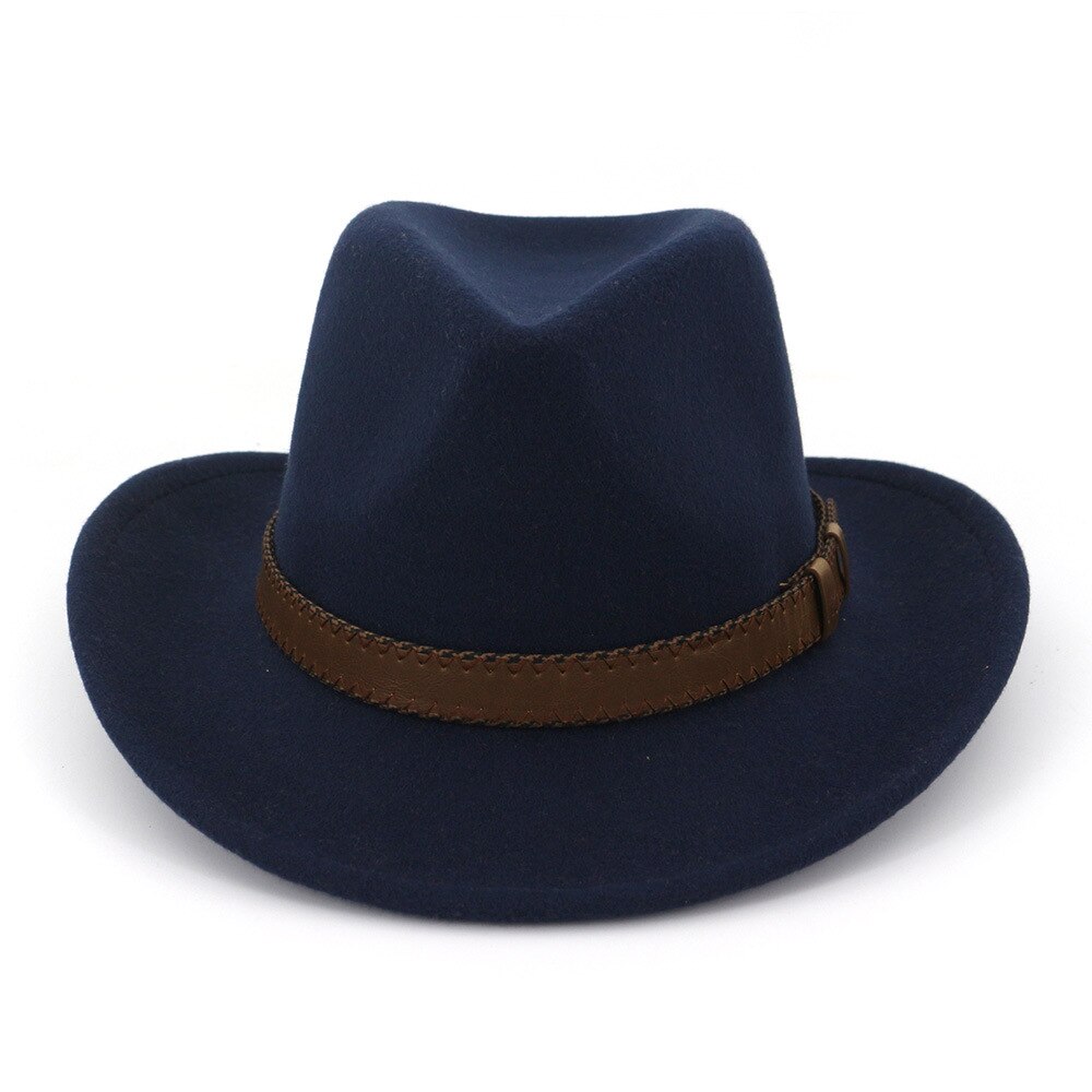 QBHAT-sombreros de fieltro de lana para hombre y mujer, sombrero de fieltro de vaquero con banda de cuero marrón oscuro, gorra Formal de clásica,: navy