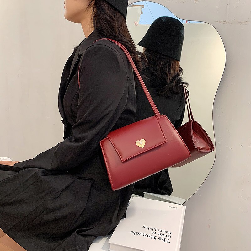 Herz Vintage Schulter Tasche Für Frauen Hand Tasche Kleine Solide Elegante Branded Handtaschen Weibliche Büro Dame Retro