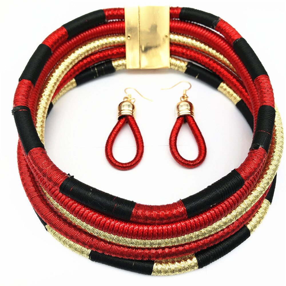mehrschichtig Stamm Halsband Ohrringe einstellen Bunte Seil Weben Afrikanische Halsketten gewebte klobig Lätzchen ErkläSprosse Drehmoment Verschlüsse Halskette: rot