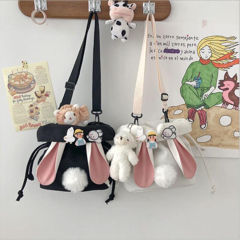 SchöNe Kaninchen Ohren Leinwand Tasche Lolita Mädchen Studenten Kordelzug Tasche Bote Taschen
