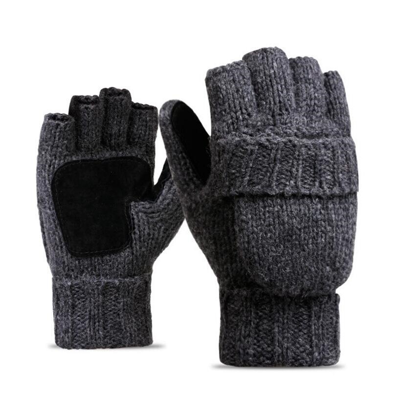 NDUCJSI Winter Warm Exposed Finger Mittens Knitted Warm Flip Half Finger Gloves Men Women Wool Work Thick Male Fingerless Gloves: G144 Dark gray