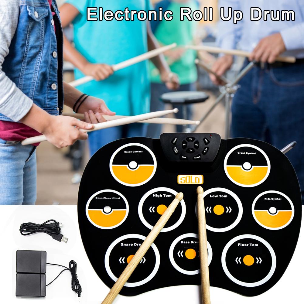 Electronic Drum Set Roll Up Drum Practice Pad Kit Built-in Speaker Drum Pedals Great Birthday For Kids Children Beginners