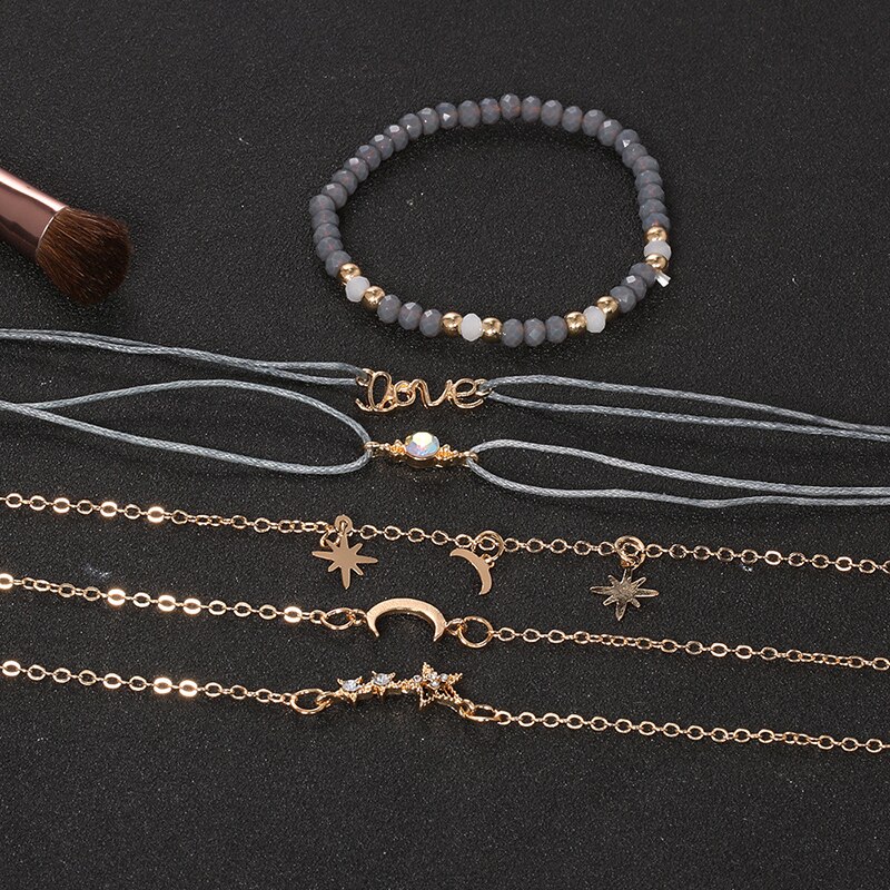 6 Stks/set Boho Moon Star Touw Ketting Armband Set Crystal Bead Brief Liefde Verstelbare Armbanden Voor Vrouwen sieraden