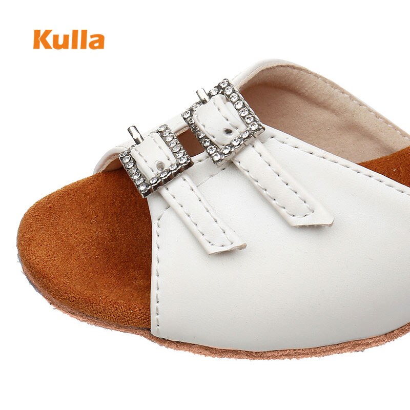 Girls Latin Dance Shoes Children Salsa Tango Dancing Low Heel White PU Rhinestone Soft Sole Party Training Kids Ballroom Shoes