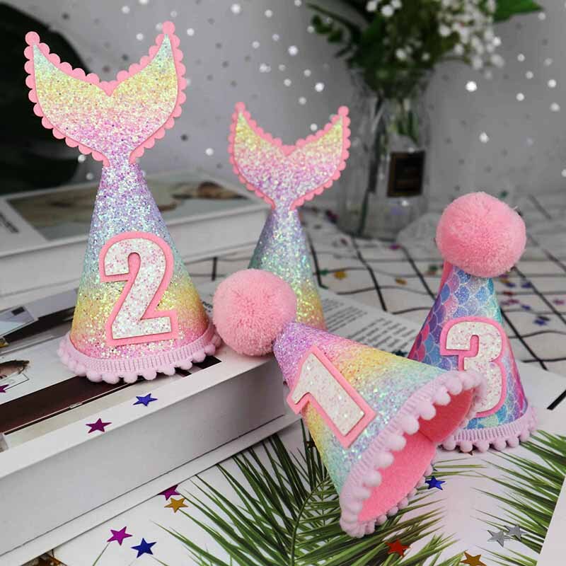 Happy Birthday Hat 1st 2nd 3rd Year Old Kids Girl Birthday Baby Shower Mermaid Tail Headband Hat Decoration Party Supplies