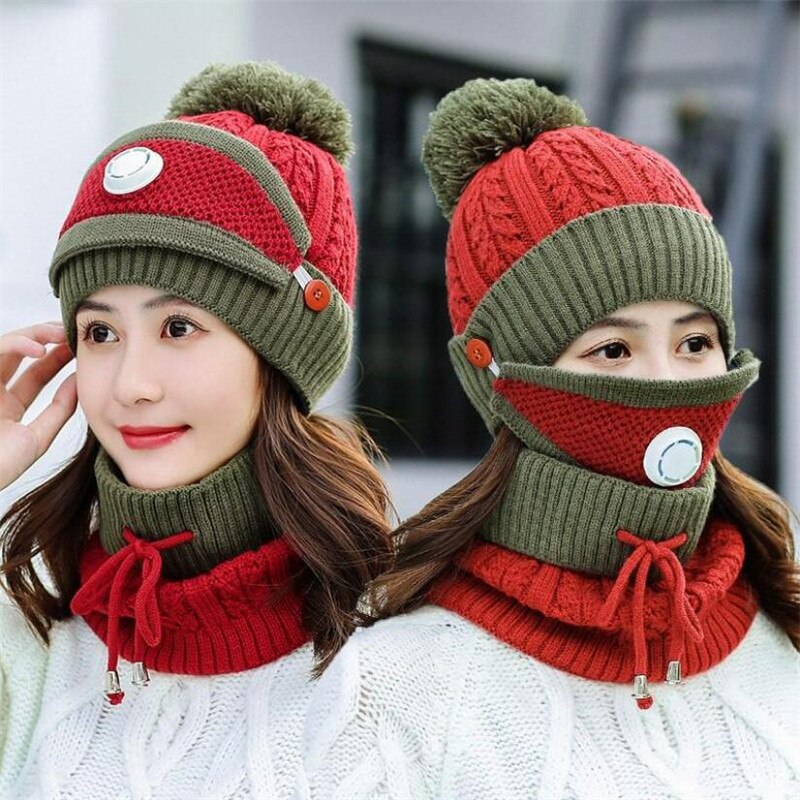 3 Pieces Set Women's Knitted Hat Scarf Caps Neck Warmer Winter Hat for Ladies Girls Skullies Beanies Warm Fleece Caps: brick red