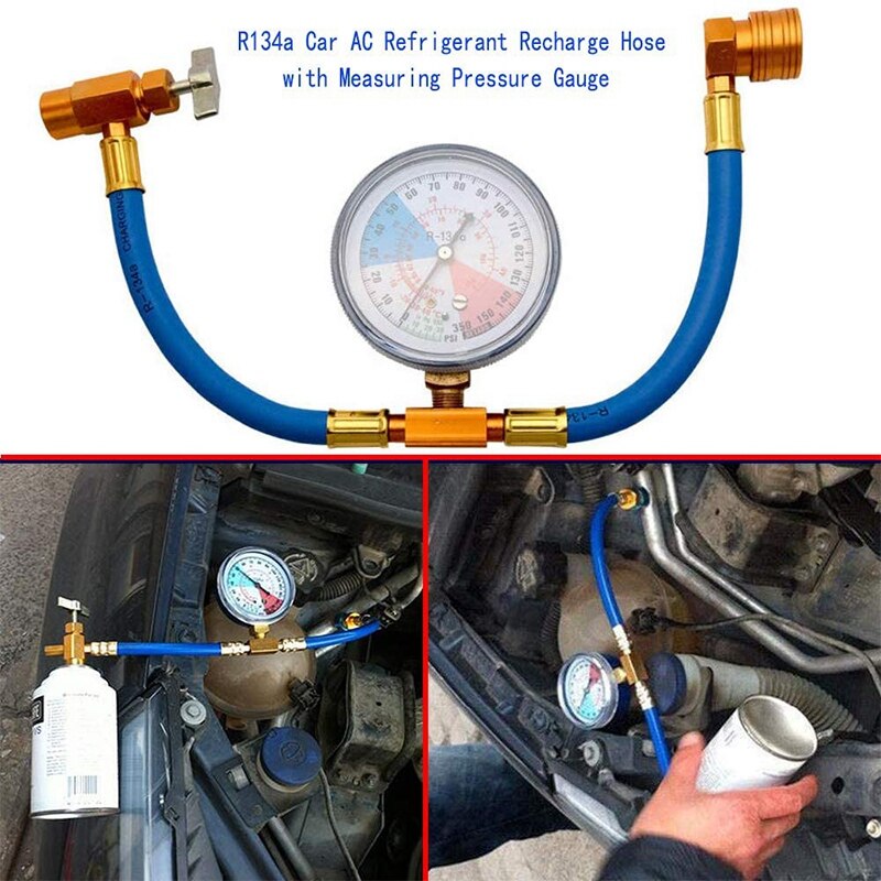 R134A AC Refrigerant Recharge Hose Kit with Measuring Pressure Gauge and 1/2 Inch Can Opener Tap Dispensing Valve Fit