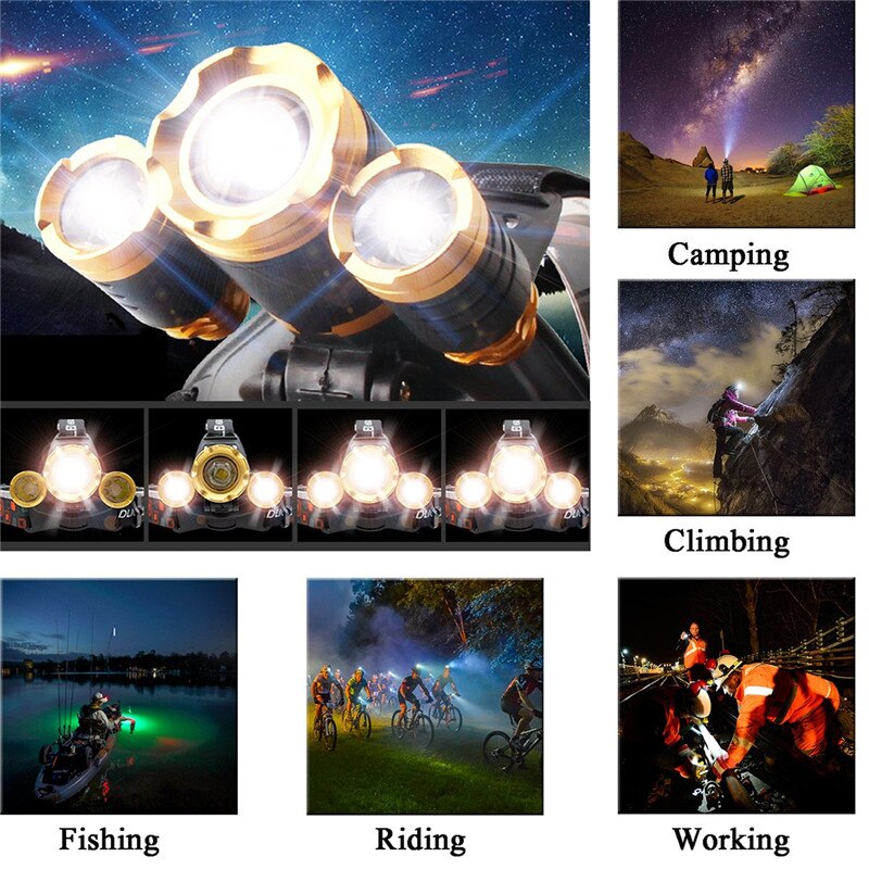 6000 Lumen 3 Leds Koplamp Vissen Koplamp T6 4Modes Draagbare Zoomable Waterdichte Headtorch Camping Wandelen Met Usb-kabel