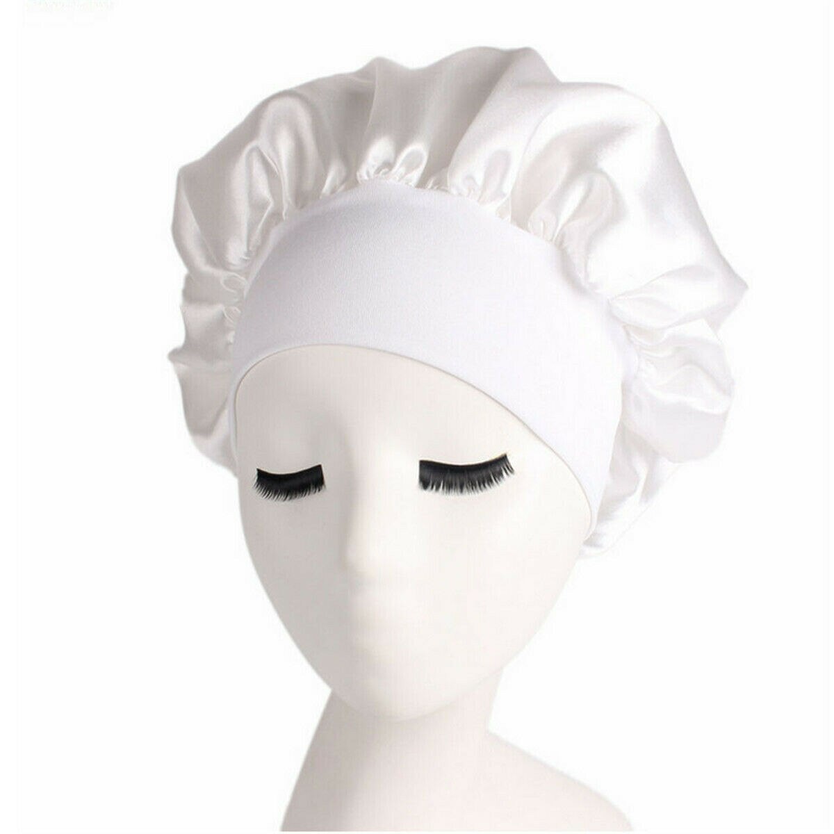 Silk Satin Night Sleep Cap Hair Bonnet Hat Head Cover Wide Band Adjust Elastic Hats For Household Fashionable Pure Supplies: White