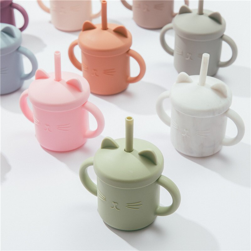 Vasos de silicona para alimentación de bebé, taza con dibujos de gato para niños pequeños, tapas sólidas con asa para beber