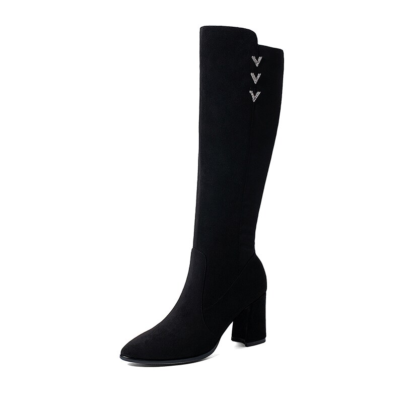 SOPHITINA Style Mature genou-bottes femme Strentch tissu bout pointu daim haut sabot talon fermeture éclair mince bottes longues chaussure PO827: 5