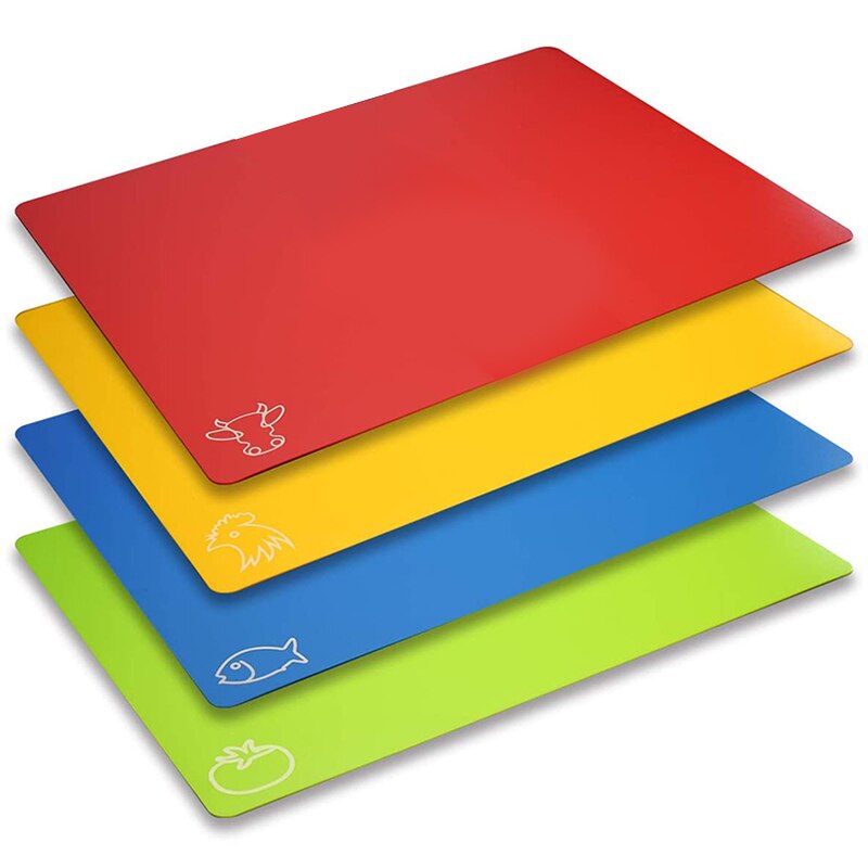 Snijplank Matten Flexibele Plastic Gekleurde Matten Met Voedsel Pictogrammen, Anti-Slip Terug En Vaatwasmachinebestendig, set Van 4