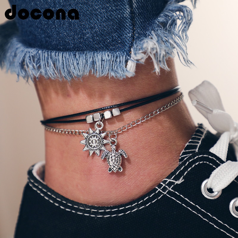 Docona Vintage Argento Colore Tartaruga Sole Pendente Cavigliere per le Donne Della Ragazza Nero Corda Animale Calzino Dichiarazione Dei Monili 6895