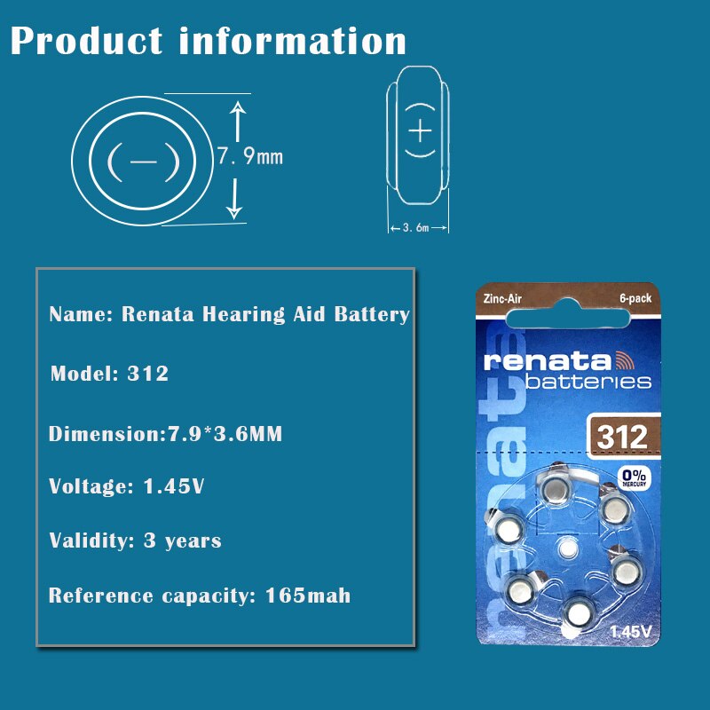 30Pcs Renata 312 1.45V 165Mah Zink-lucht Batterijen PR41 A312 Voor Gehoorapparaat Batterijen Button Coin Cell