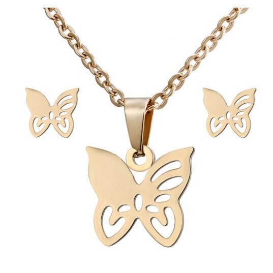 Rinhoo animal horse dragonfly Elephant Pendant necklace Earrings set Women Gold color Stainless Steel jewelry Set: butterfly
