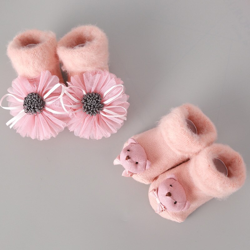 2 paar/einstellen neugeborenen-babysocken aus baumwolle, Karikatur-motiv, rutschfest, herbst-Winter-prinzessinnenblumen-socken für kleinkinder und mädchen 0-2y: Rosa Winter / 12m