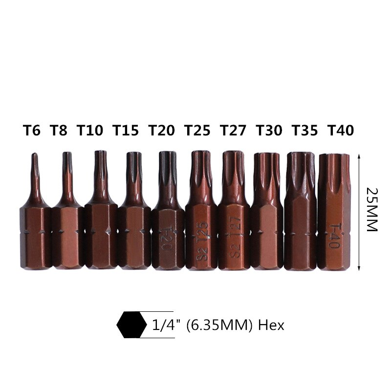 10pcs/lot 25mm Torx Screwdriver Bits With Hole Magnetic Set T20 T25 T6-T40 1/4 Inch Hex Shank Electric Screw Driver Star Bit Set