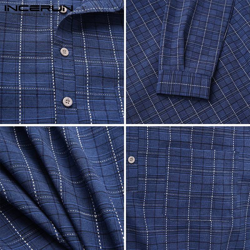 Long Sleeve Stand Collar Nightgown INCERUN Men Plaid Sleep Robes Casual Button Comfy Bathrobes Man Cotton Pockets Homewear S-5XL