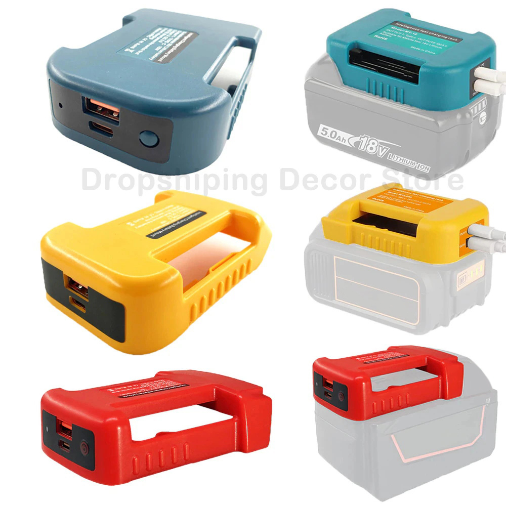 USB Charger Adapter Compatible For Makita For Dewalt For Milwaukee 18V Li-ion with USB Type-C Battery Holder Fast Charging