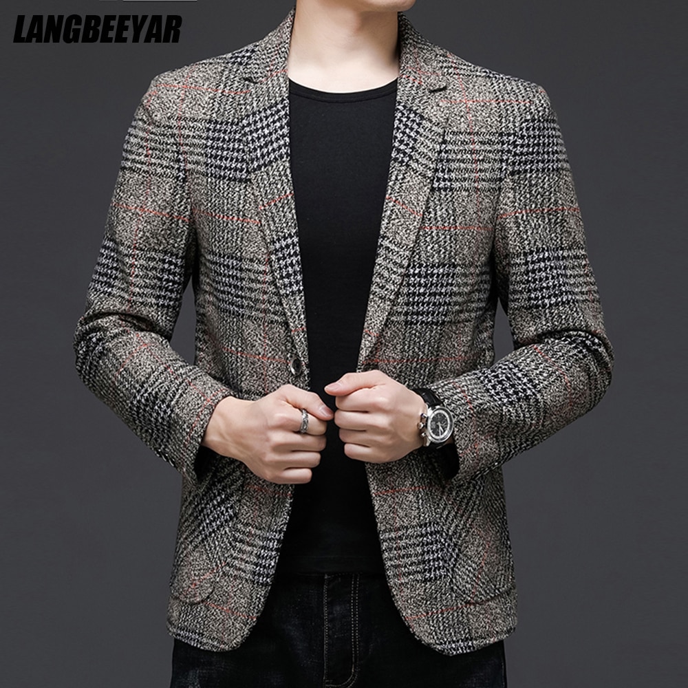 Top Grade Style Classic Brand Casual Slim Fit Men Suits Tweed Jacket Business Plaid Blazer Coats Mens Clothes