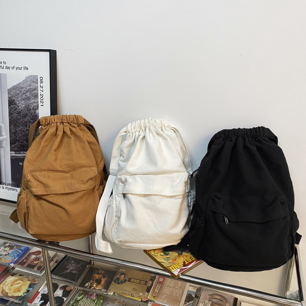 Mode Vrouwen Trekkoord Rugzak Canvas Schooltas Voor Meisjes Eenvoudige Vakantiereizen Rugzakken Grote Capaciteit Student Bookbags