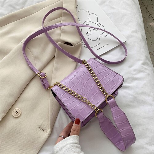 Krokodillemønster pu lær crossbody vesker for kvinner kjede kvinnelige skulder vesker mini vesker reise cross body bag: Lilla