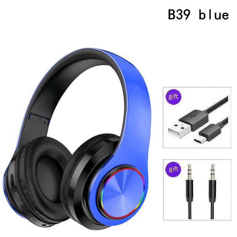 SHOUMI B39 Wireless Headphones - Bluetooth 5.0 Noise Cancelling - LED Light - TF Card Support: B39 blue not bag