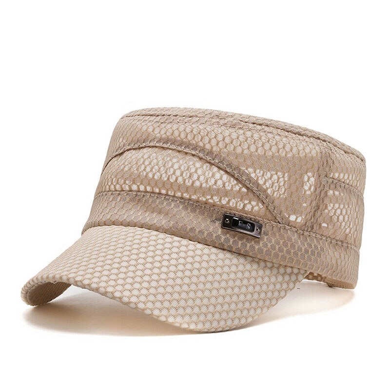 Mens Flat Top Mesh Peaked Cap Stylish Beret Baseball Caps Summer Breathable Mesh Army Cap Adjustable Light Sun Visor Hats: Beige