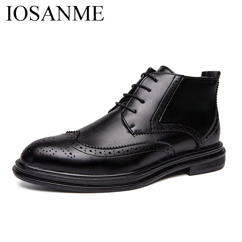 Italiensk klassisk læder mænd støvler formelle vinter varme mokkasiner homme stor størrelse retro støvle brogue oxford sko til mænd: Sort / 9