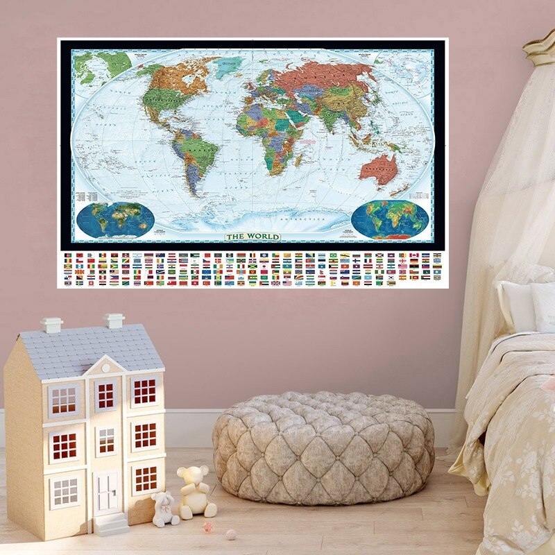Mapa del mundo con banderas nacionales para decoración del hogar, póster de 59x42cm, lienzo, pintura, arte decorativo para pared