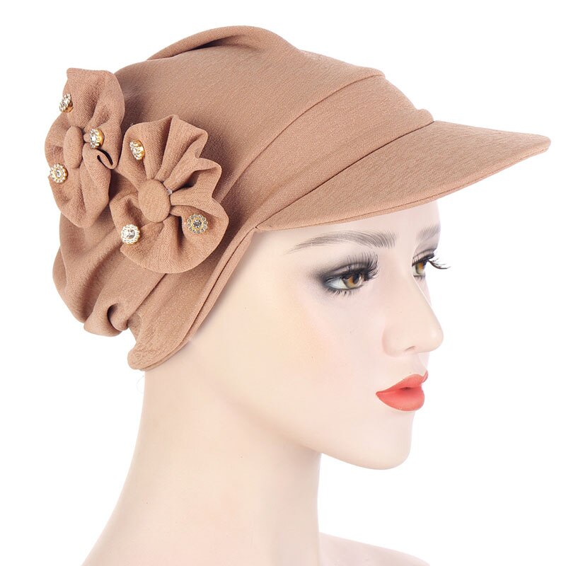 Muslim Turban Hijab Cap Women Turban Hat With Brim Flowers Head Wraps Solid Sun Protection Hats Lady Head Wear Turban: Khaki