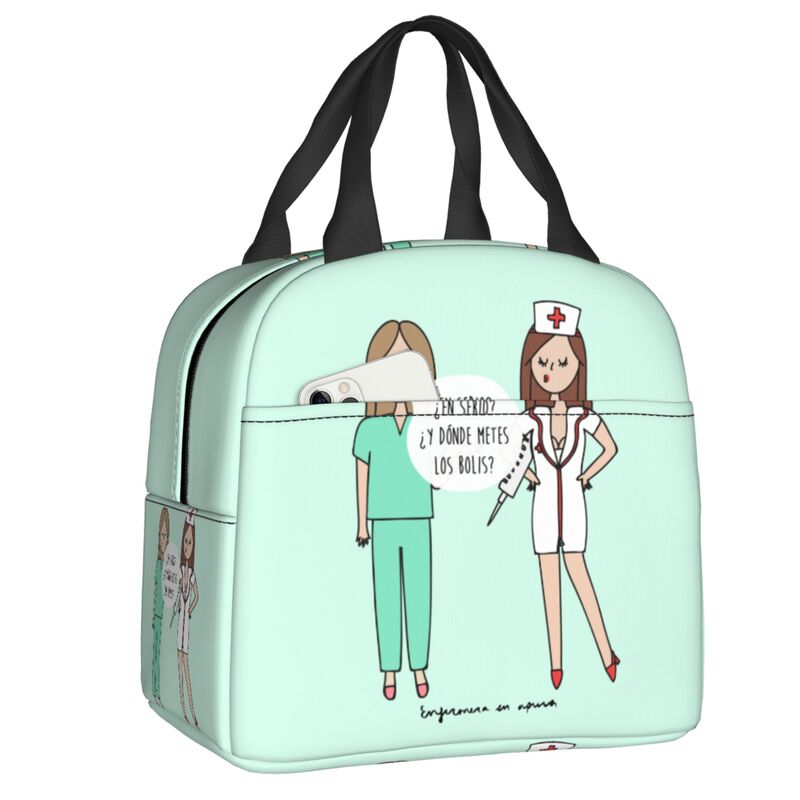 Enfermera En Apuros Doctor Nurse Lunch Bag Women Portable Cooler Thermal Insulated Lunch Box Picnic Storage Food Bento Box: army green