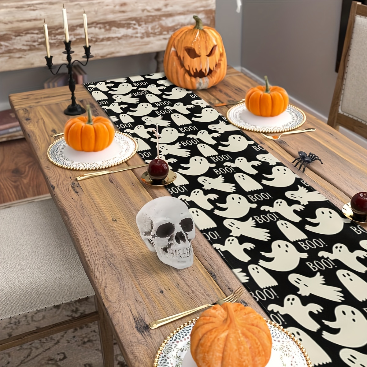 Camino de mesa de tela de fantasma de Halloween bohemio, decoración del hogar, camino de mesa de cocina negro festivo tejido, adecuado para suministros de