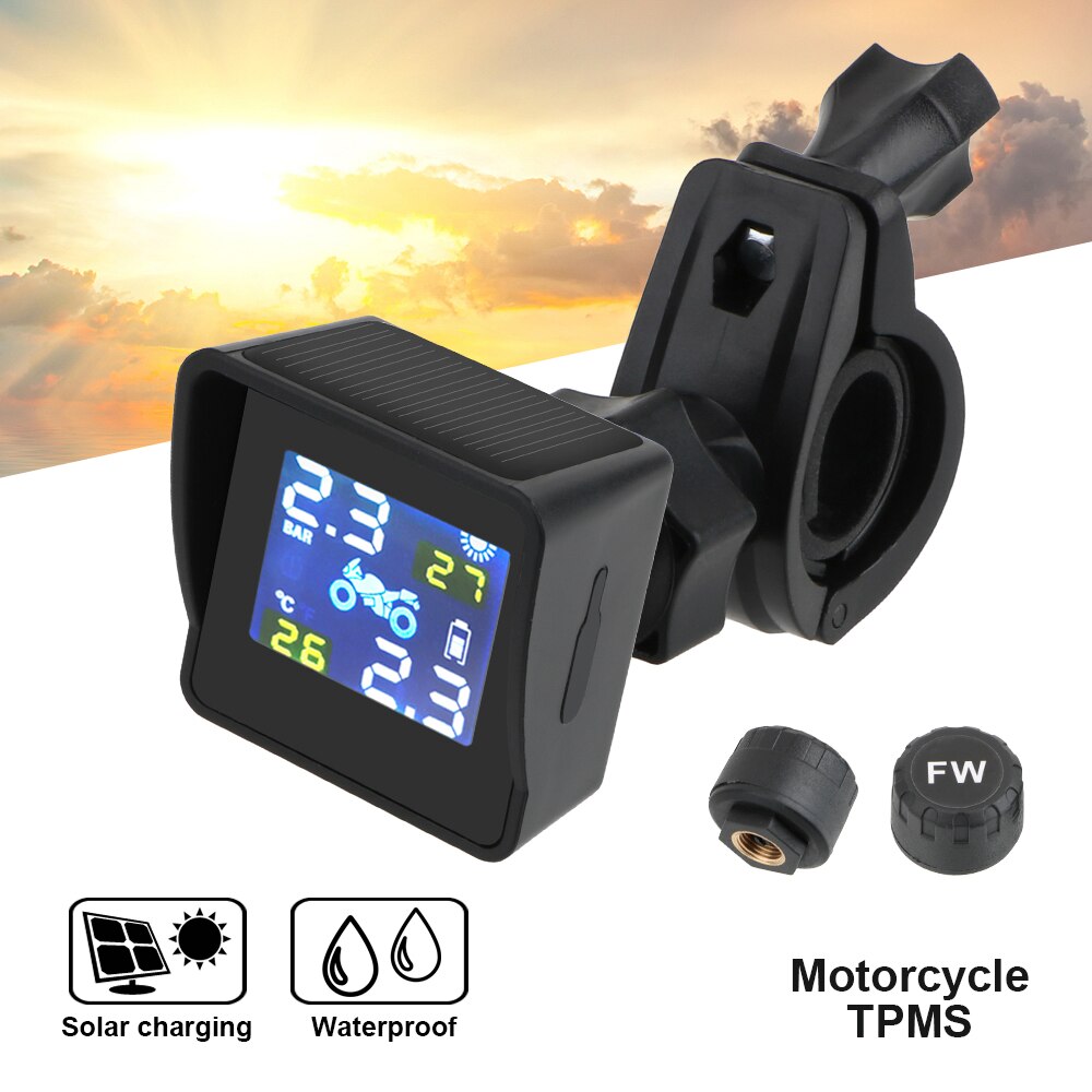 Moto Tire Pressure Tyre Temperature Monitoring Alarm System Motorcycle TPMS Internal/External Sensors LCD Display Solar Charging