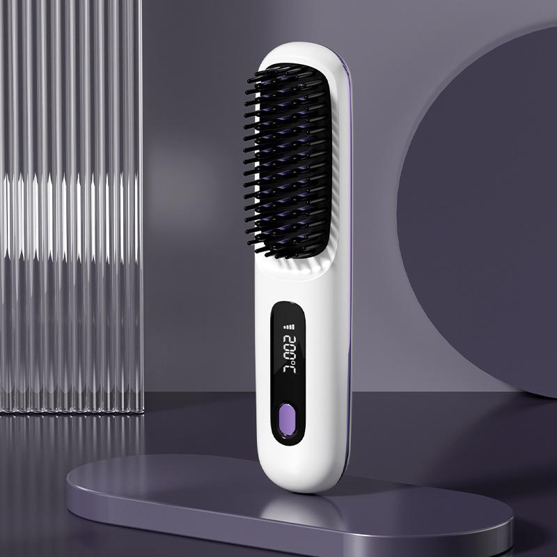 Peine de pelo liso con calefacción USB LCD eléctrico, herramienta de estilismo de iones negativos portátil inalámbrica, cepillo alisador recargable: Beige