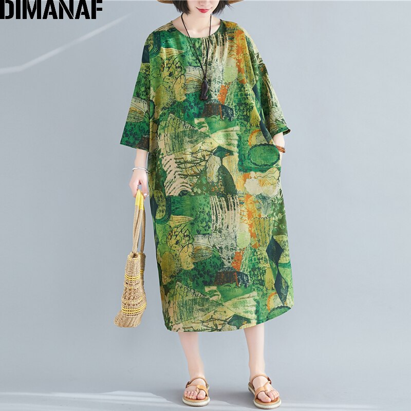 DIMANAF vestido de verano con estampado de gran tamaño, vestido veraniego para mujer, ropa de playa, Vestidos elegantes para mujer, Vestidos de algodón, Casual, suelto, de talla grande